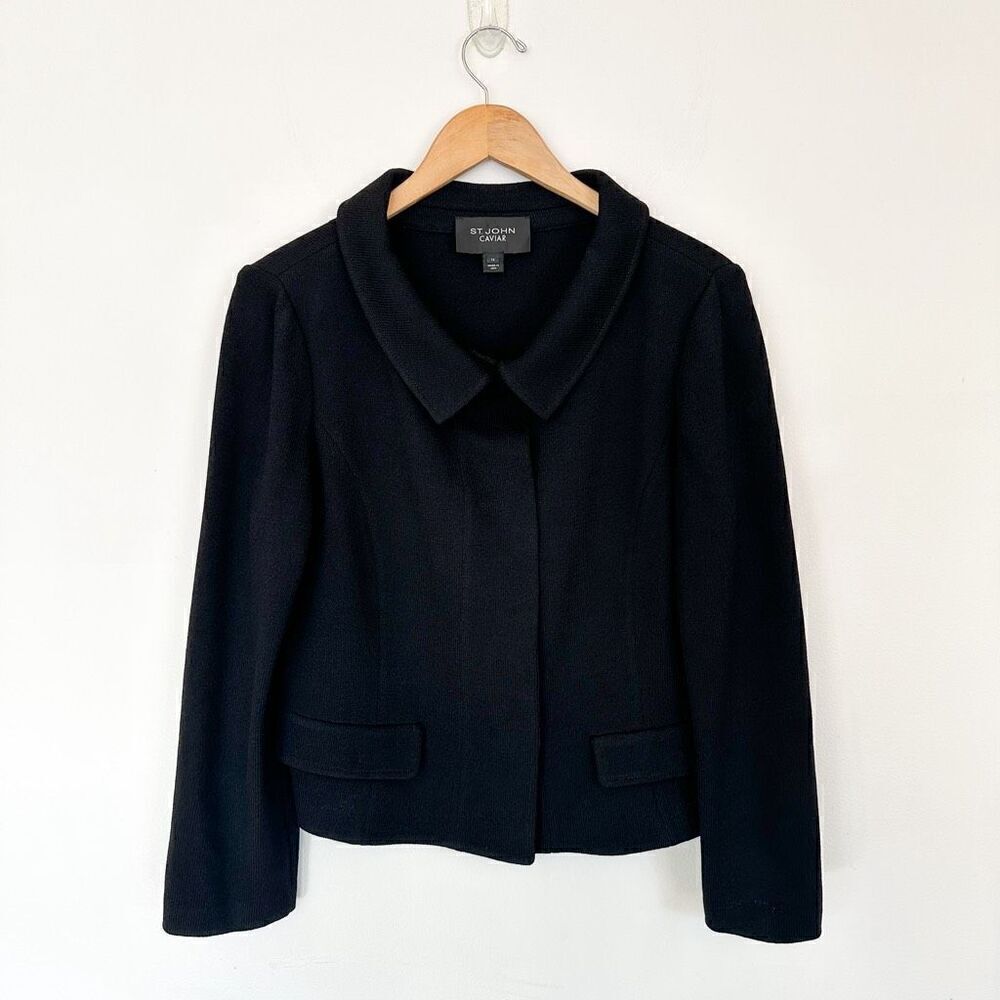 St. John Caviar Women’s Black Santana Knit Hidden Button Peter Pan Collar Cardig